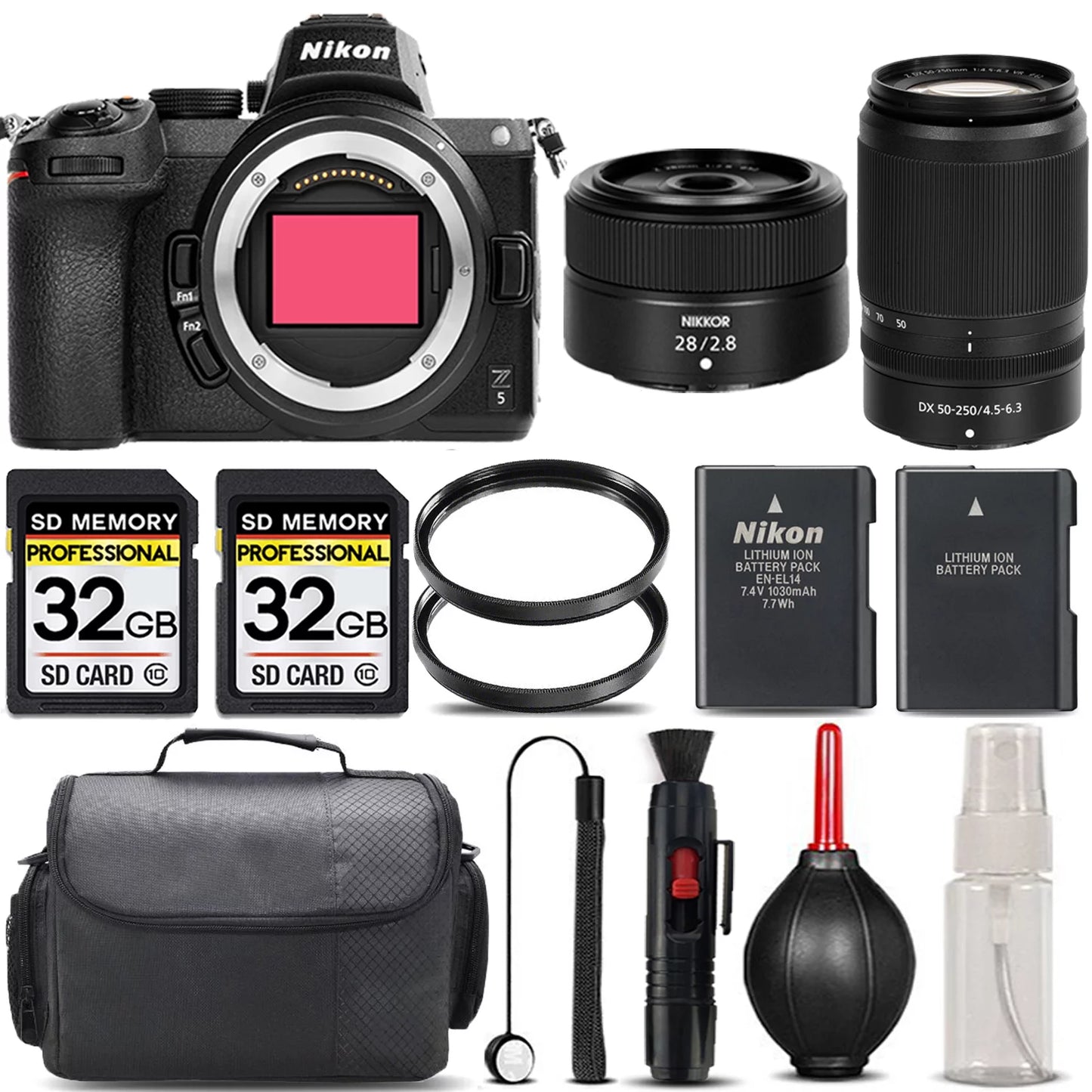 Z5 Mirrorless with 50-250mm f/4.5-6.3 VR Lens + 28mm f/2.8 Lens + 64GB Storage + UV Filter + Backup Battery + Case + Cleaning Kit - International Version