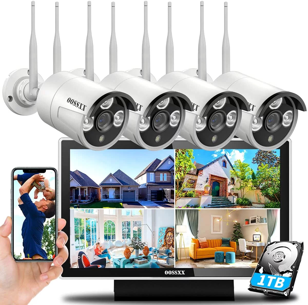 【8CH Expandable·Audio】 All in One Monitor Wireless Security Camera System,Home Surveillance Video Camera Kits with 10" HD Screen,4Pcs Outdoor/Indoor CCTV WiFi Cameras,1TB HDD, Waterproof,Remote View