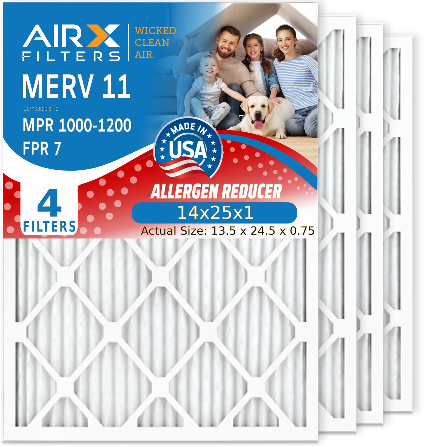 14x25x1 Air Filter MERV 11 Comparable to MPR 1000, MPR 1200 & FPR 7 Electrostatic Pleated Air Conditioner Filter 4 Pack HVAC Premium USA Made 14x25x1 Furnace Filters by AIRX FILTERS WICKED CLEAN AIR.