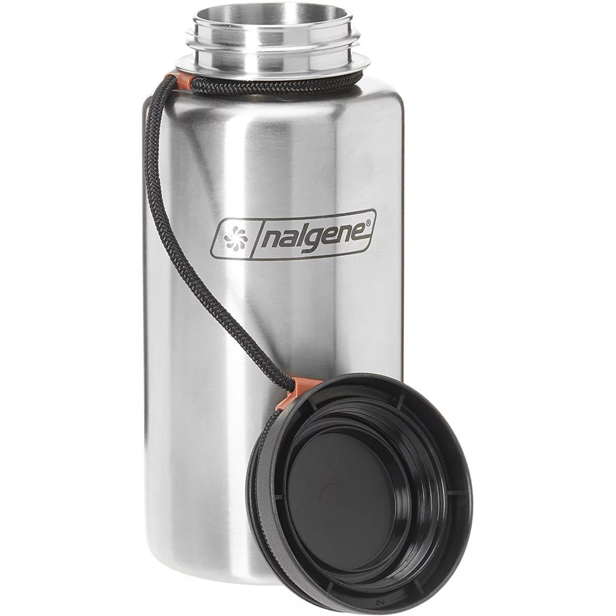 - Stainless Steel. Nalgene Standard Wide Mouth Tethered Lid aqua Bottle - 38 oz