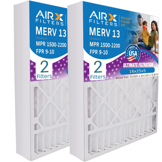 16x25x5 Air Filter MERV 13 Comparable to MPR 1500 - 2200 & FPR 9 appropriate with Skuttle #000-0448-001 DB-25-16 Premium USA Made 16x25x5 Furnace Filter 2 Pack by AIRX FILTERS WICKED CLEAN AIR.