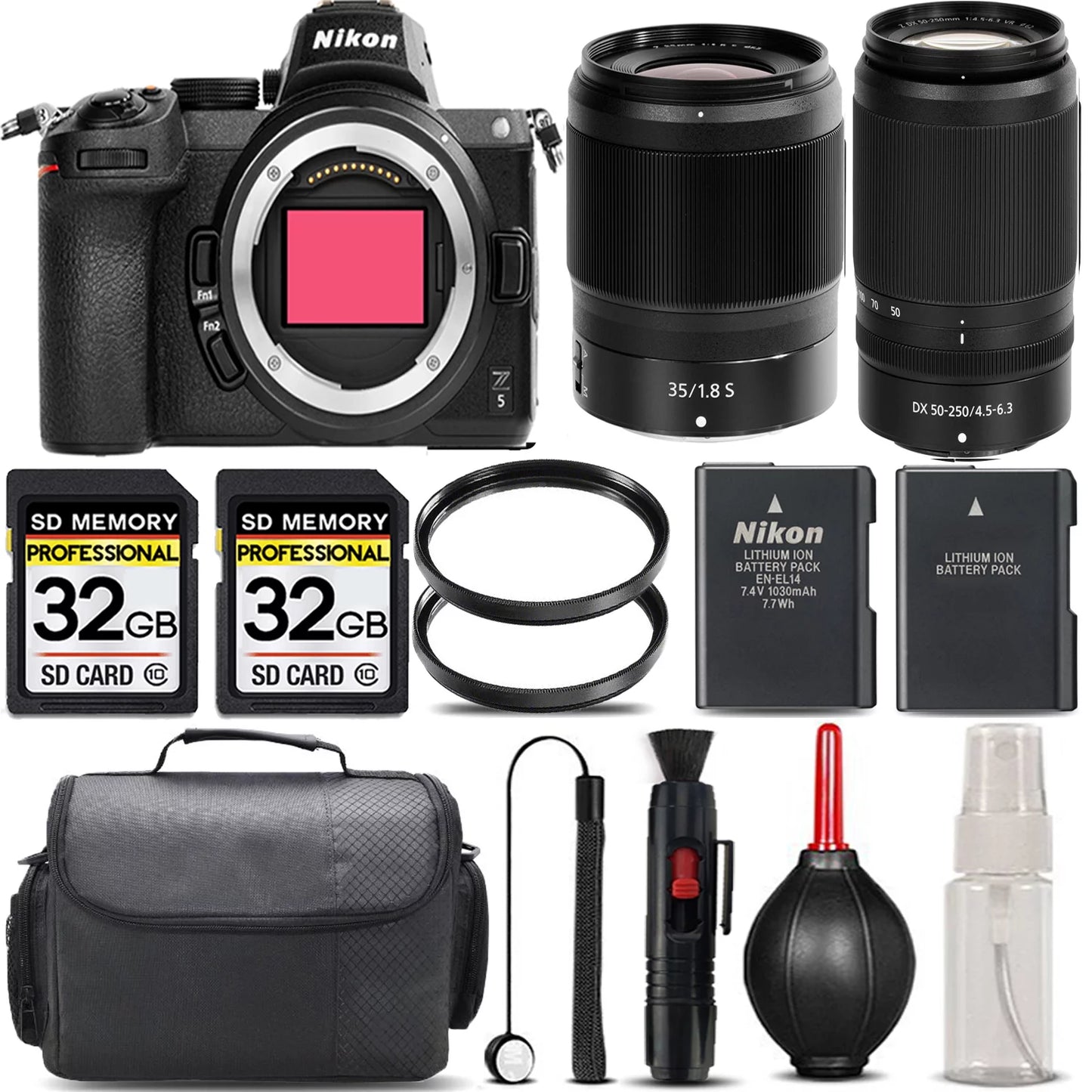 Z5 Mirrorless with 50-250mm f/4.5-6.3 VR Lens + 35mm f/1.8 S Lens + 64GB Storage + UV Filter + Backup Battery + Case + Cleaning Kit - International Version