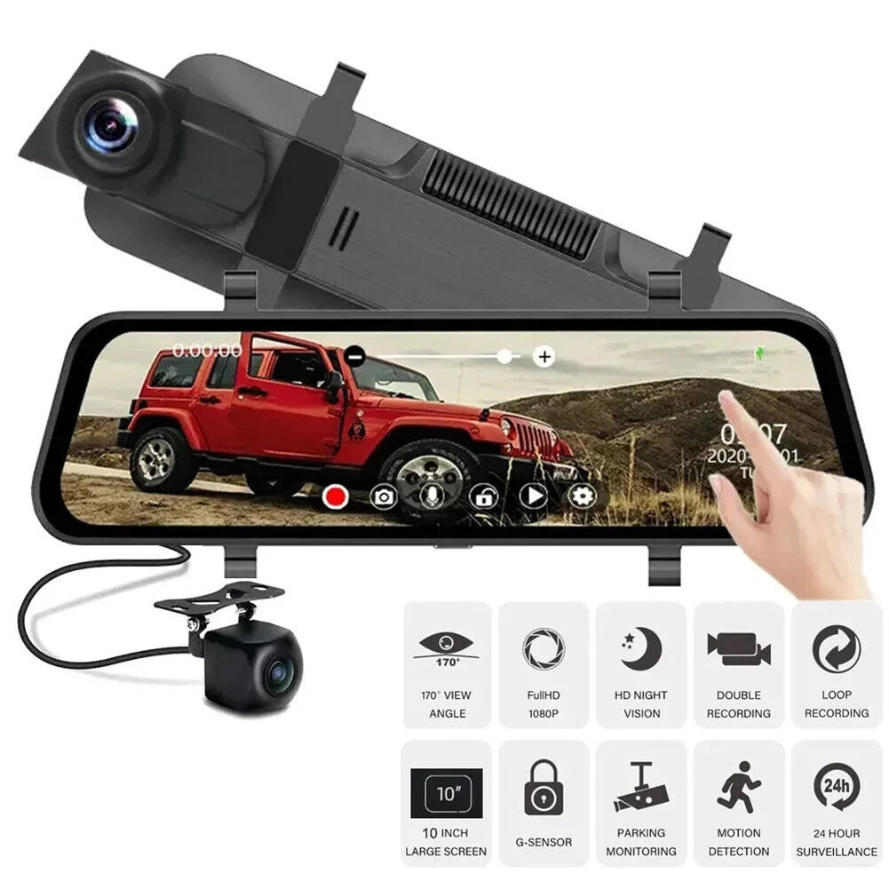 1080P Mirror Dash Cam Front Rear Dual Camera 10" IPS Touch Screen 170° Wide Angle Car Streaming Recorder G-Sensor Loop Recording