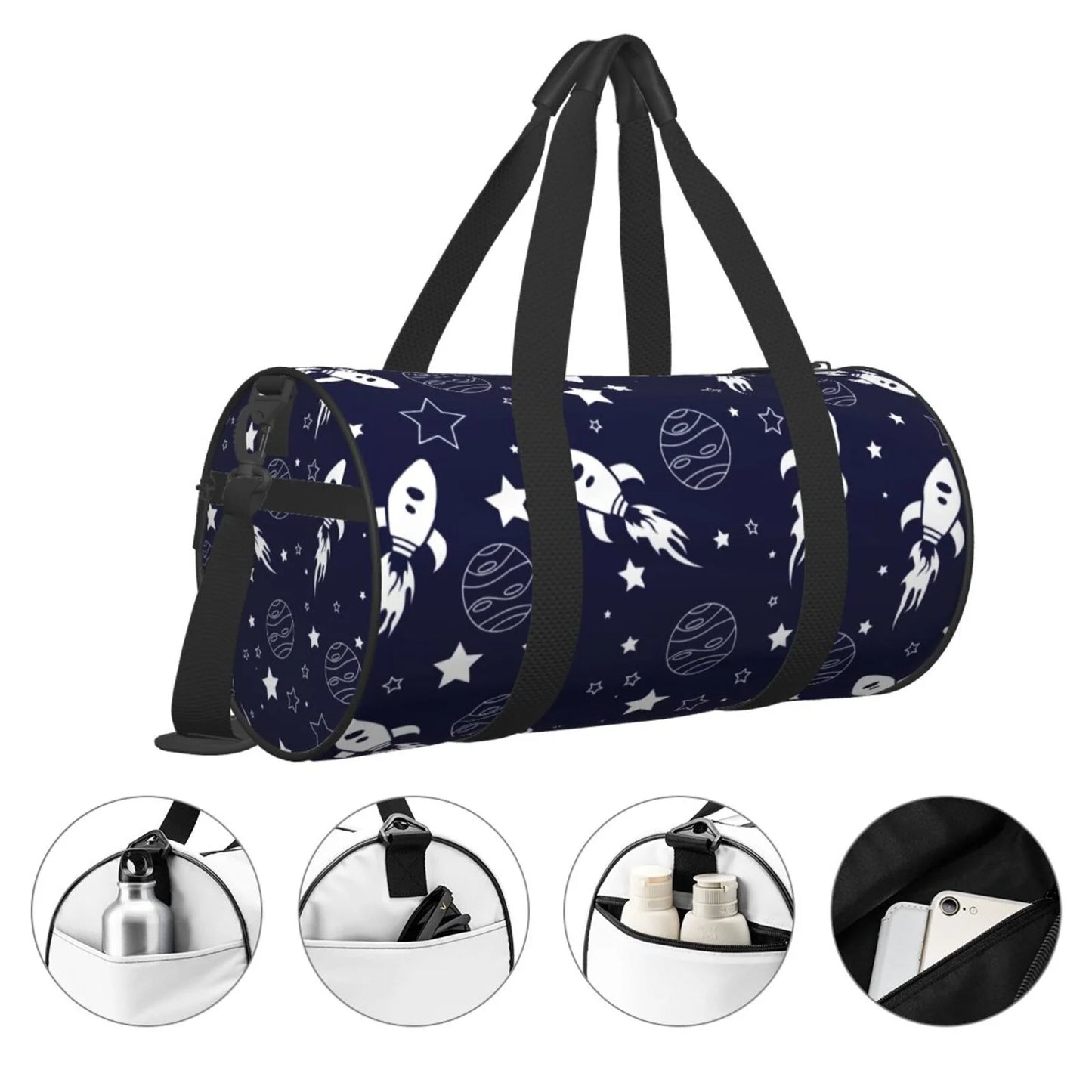 ZNDUO Space Seamless Pattern Round Travel Bag, Sports Tote Gym Shoulder Bag Weekenders Bags for Women Men