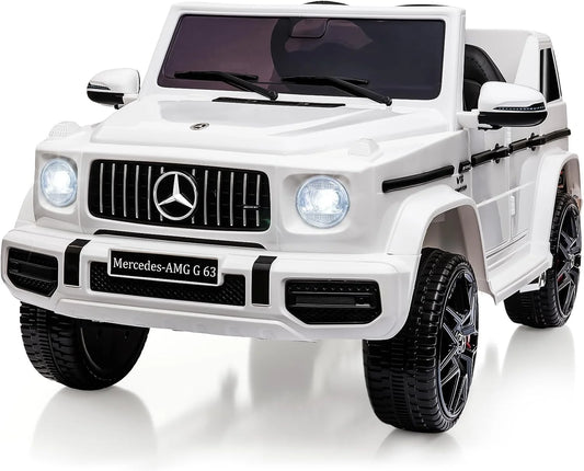 12V Kids Ride on Car, Licensed Mercedes Benz G63 Electric Car w/Remote Control, Music, Spring Suspension, LED Light, Bluetooth, Horn, AUX, Safety Lock Battery Powered Electric Vehicle, White