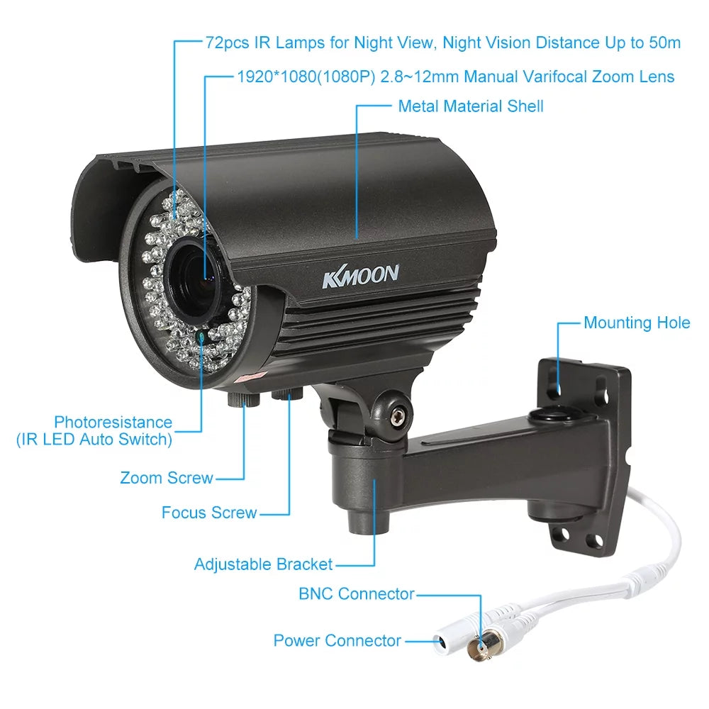 1080P AHD CCTV Analog Camera with 2.8~12mm Manual Zoom Varifocal Lens - 1/3”  CMOS 2.0MP, IR-CUT 72 IR LEDs, Night Vision, Weatherproof, Indoor Use, PAL System