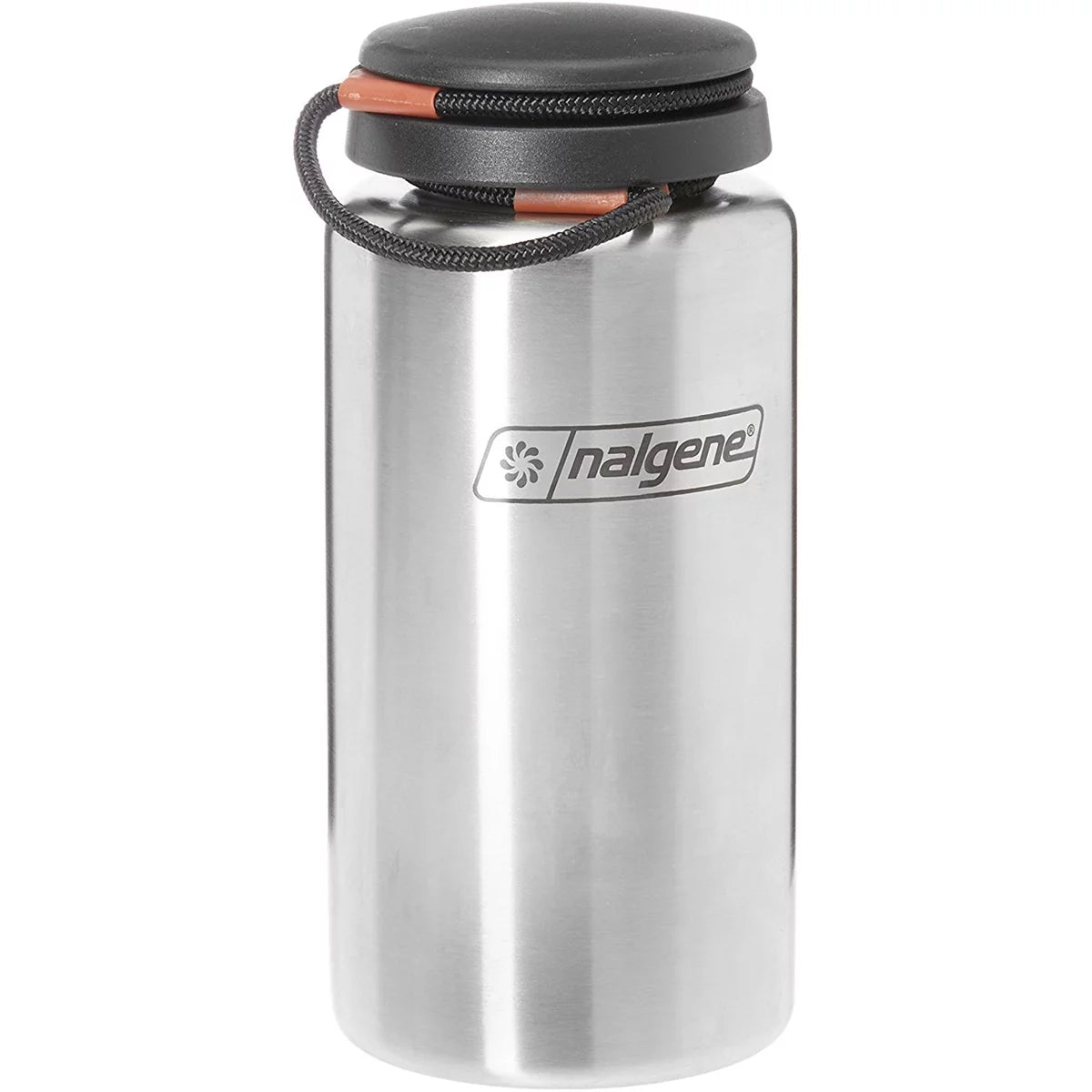 - Stainless Steel. Nalgene Standard Wide Mouth Tethered Lid aqua Bottle - 38 oz