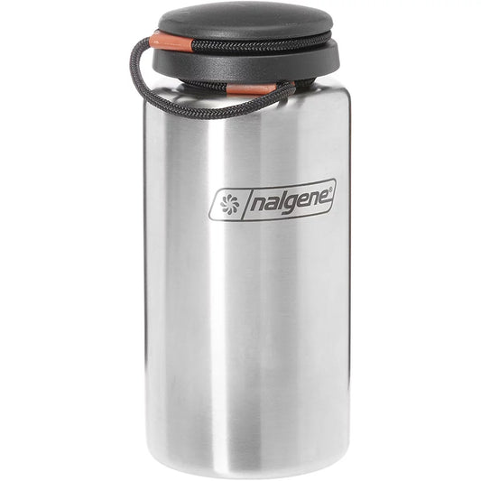 - Stainless Steel. Nalgene Standard Wide Mouth Tethered Lid aqua Bottle - 38 oz