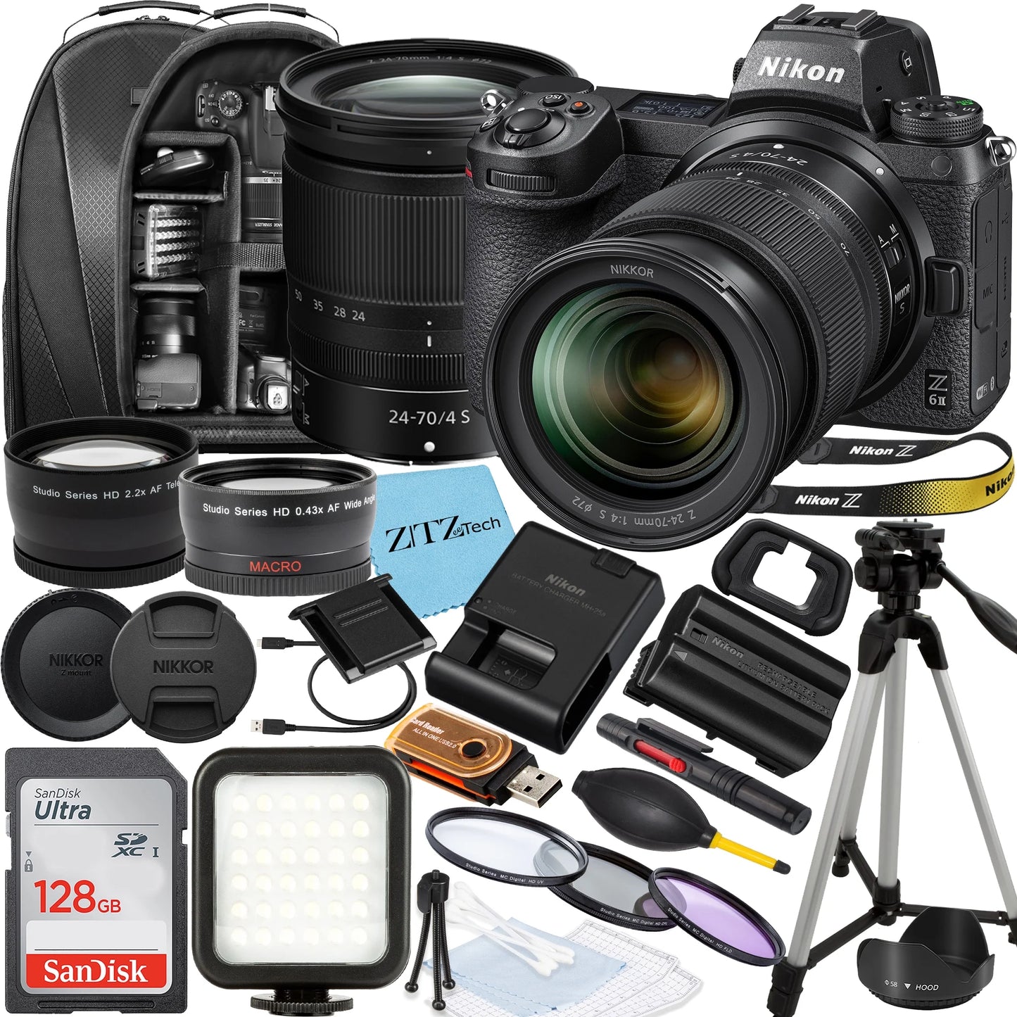 Z6 II Mirrorless Camera with NIKKOR Z 24-70mm f/4 S Lens, SanDisk 128GB Memory Card, Backpack, Flash, Tripod and ZeeTech Accessory Bundle