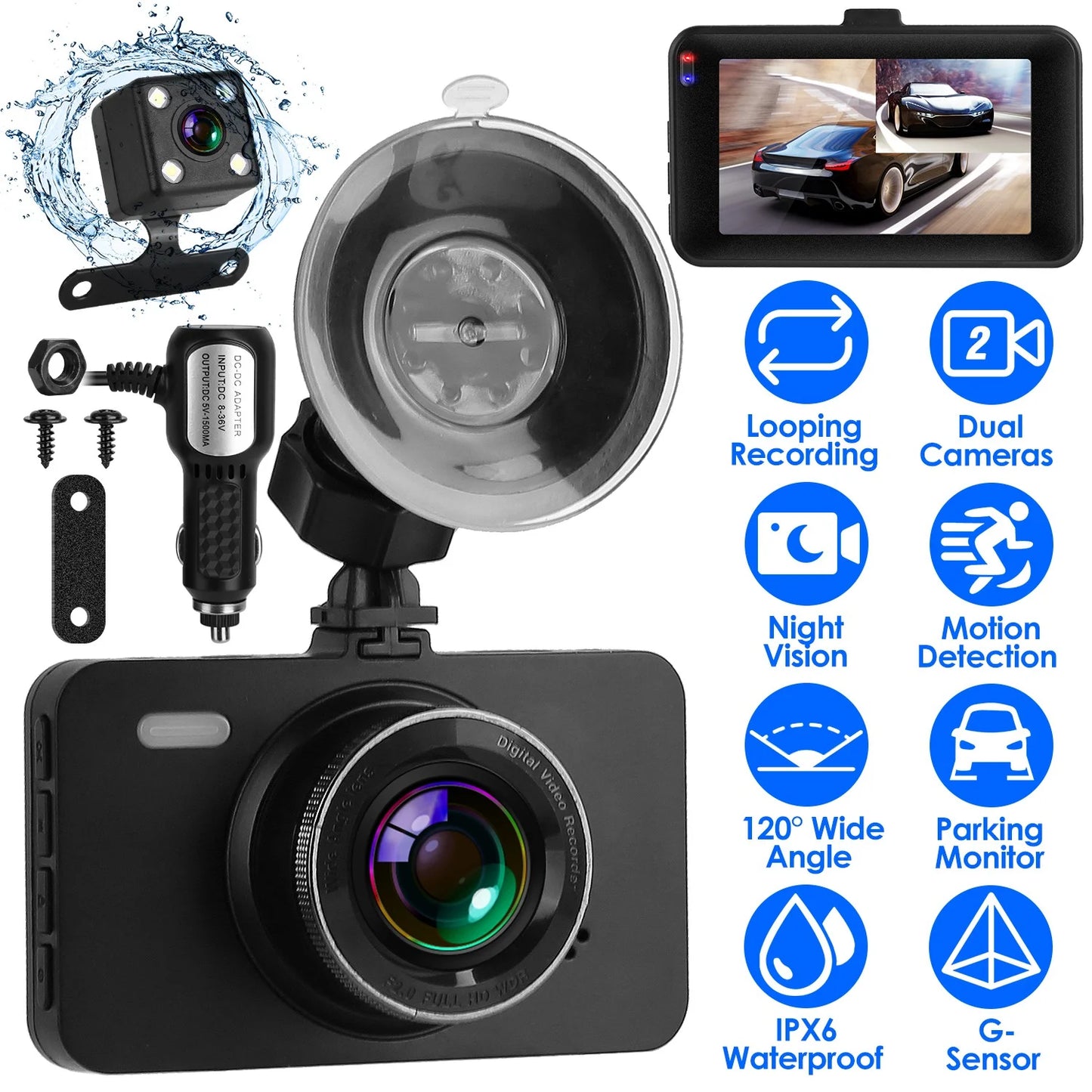 1080P Car DVR Dual Dash Cam iMounTEK Car Video Recorder with Front Rear Camera G-Sensor Motion Detection Night Vision Loop Recording (32G MMC Card Not Included)