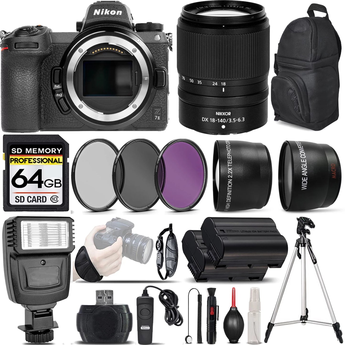 Z7 II Digital Camera +  18-140mm VR Lens + Flash + 0.43x Wide Angle Lens + 2.2x Telephoto Lens + 64GB Class 10 Memory Card + UV-CPL-FLD Filters + Wireless Remte - International Version