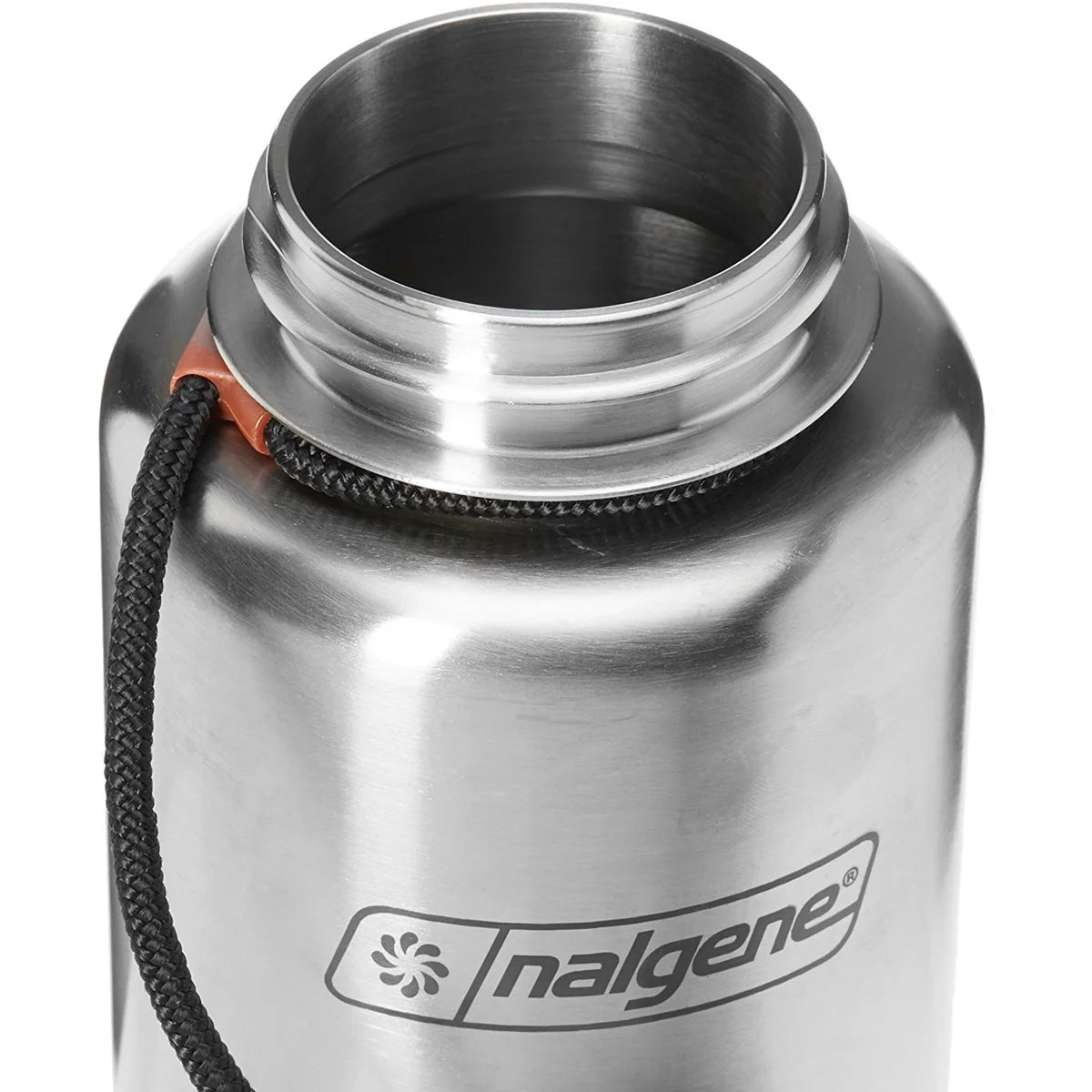 - Stainless Steel. Nalgene Standard Wide Mouth Tethered Lid aqua Bottle - 38 oz