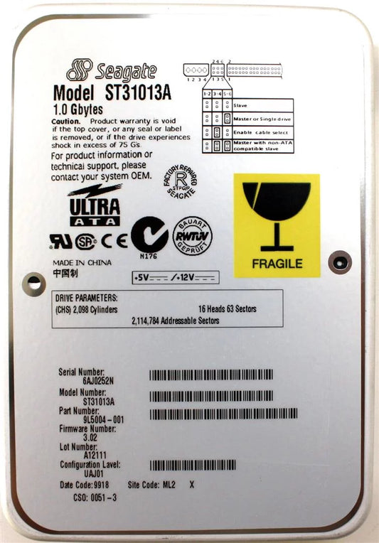 1GB IDE, 9L5004-001,FW 3.02,LOT A12111,UAJ01, DCODE 9918,SC00051-3