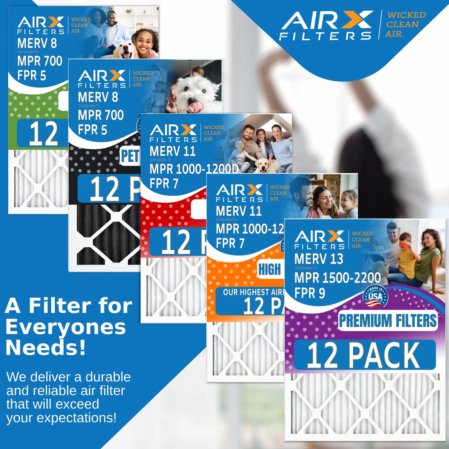 14x24x1 Air Filter MERV 13 Rating, 12 Pack of Furnace Filters Comparable to MPR 1500 - 2200 & FPR 9 - Made in USA by AIRX FILTERS WICKED CLEAN AIR.