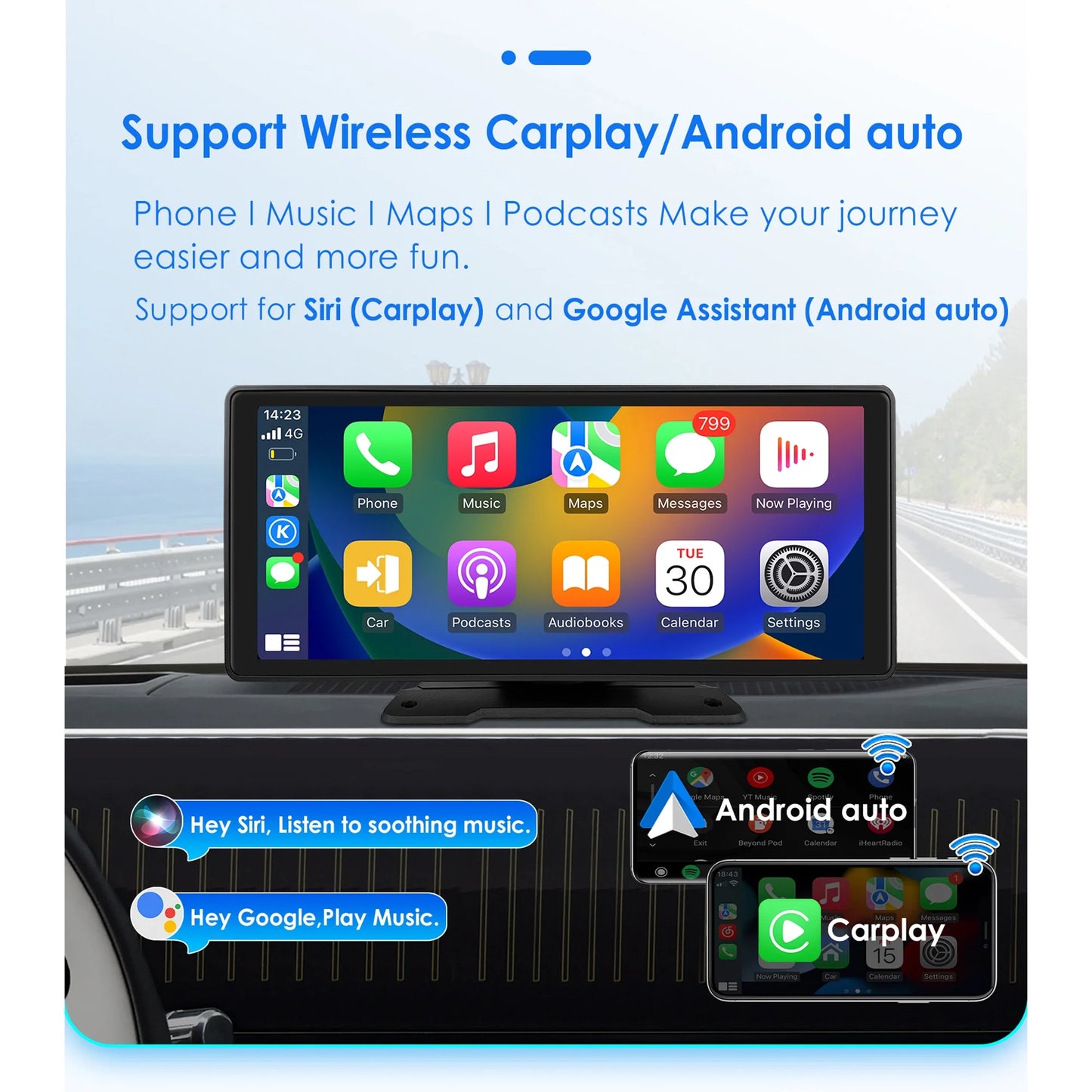 10.26" Touchscreen  Carplay Android Auto FM Car Radio Stereo Head Unit 360° Adjustable Bluetooth Mirror Link GPS Navigation Player