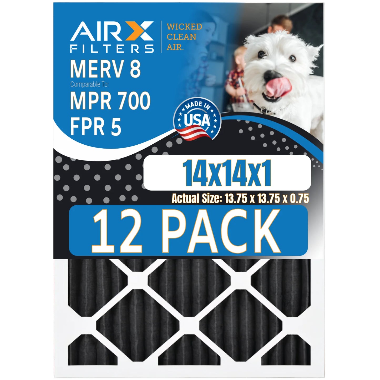 14x14x1 Air Filter MERV 8 Rating, 12 Pack of Furnace Filters Comparable to MPR 700, FPR 5, Pet Odor Retention Filters - Made in USA by AIRX FILTERS WICKED CLEAN AIR.