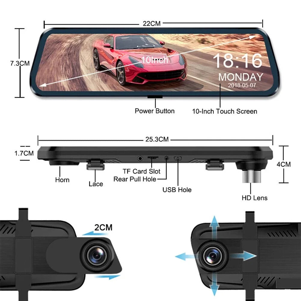 1080P Mirror Dash Cam Front Rear Dual Camera 10" IPS Touch Screen 170° Wide Angle Car Streaming Recorder G-Sensor Loop Recording