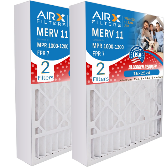 16x25x4 Air Filter MERV 11 Comparable to MPR 1000, MPR 1200 & FPR 7 matching with TopTech TT-FM-1625 Premium USA Made 16x25x4 Furnace Filter 2 Pack by AIRX FILTERS WICKED CLEAN AIR.