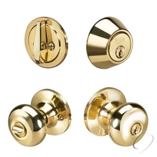 Yale YR837SN605 Combo Sinclair Knob Entry and Single Cylinder Deadbolt with Kwikset Keyway Bright Brass Finish