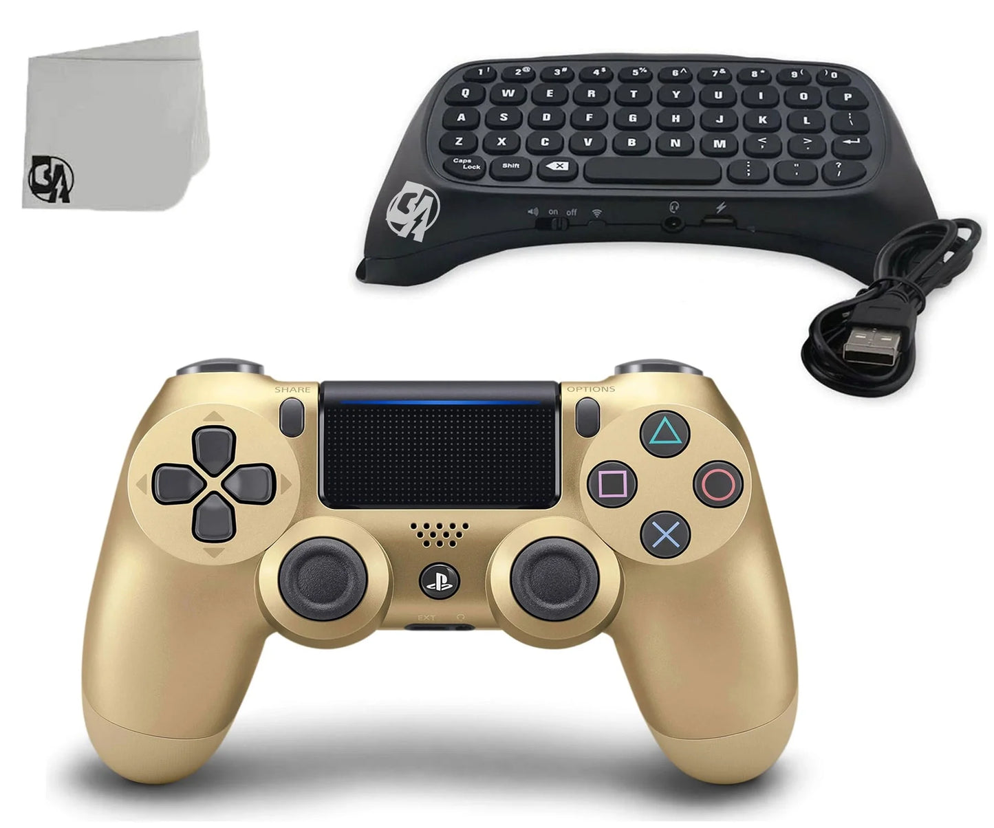 (Refurbished: Like New). Pre-Owned  Dual Shock Gold Gaming Controller For PS4 Console + Wireless Black Chatpad for PS4 Controller BOLT AXTION Bundle