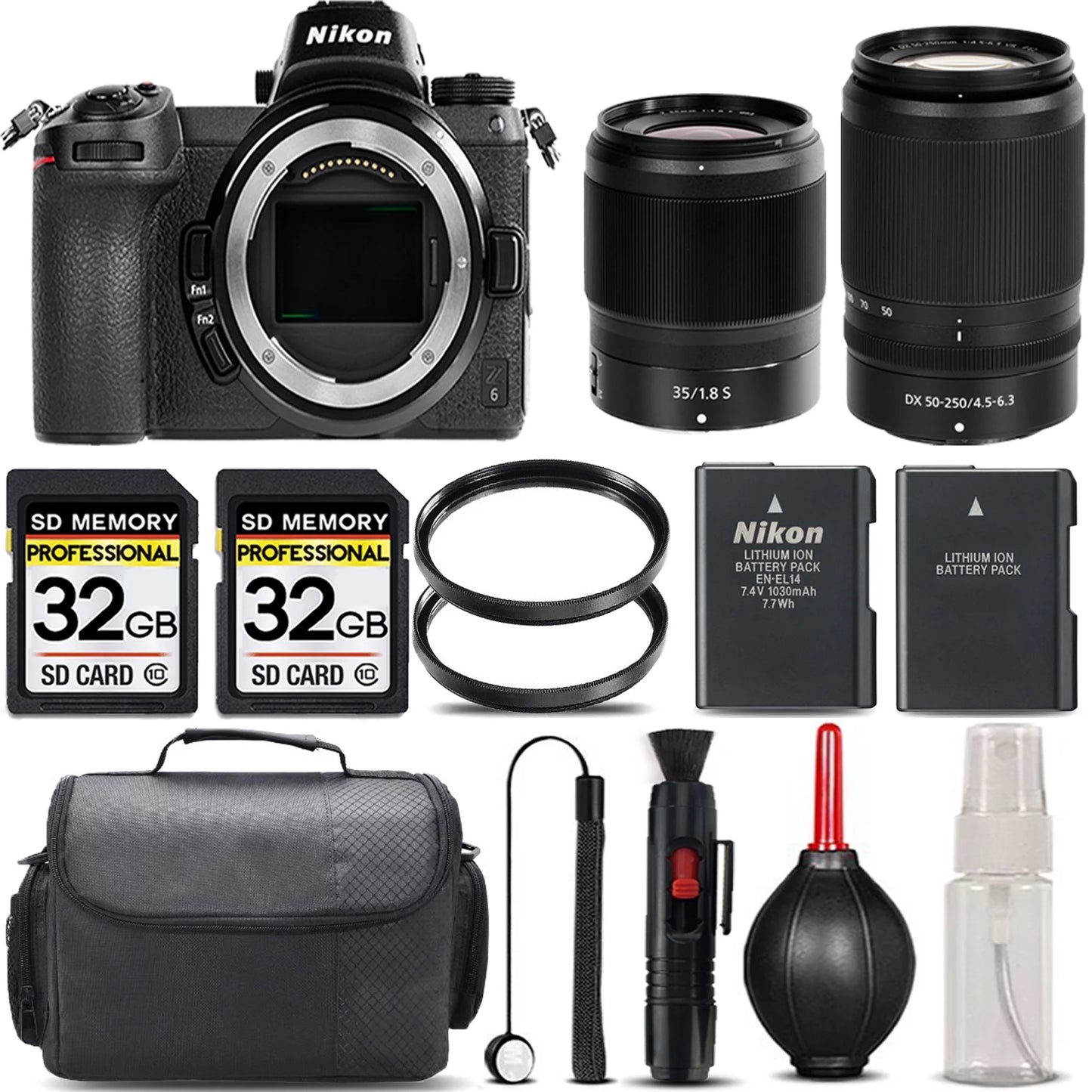 Z6 Mirrorless with 50-250mm f/4.5-6.3 VR Lens + 35mm f/1.8 S Lens + 64GB Storage + UV Filter + Backup Battery + Case + Cleaning Kit - International Version