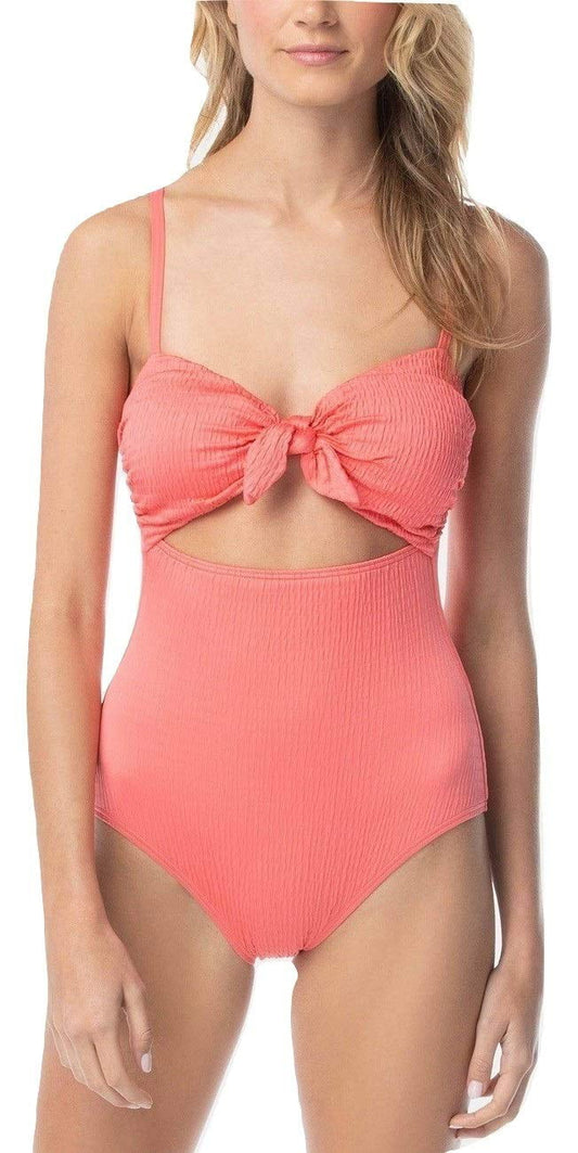 $122 Vince Camuto Smocked Tie-Front One-Piece Swimsuit Bloom Coral Size 8