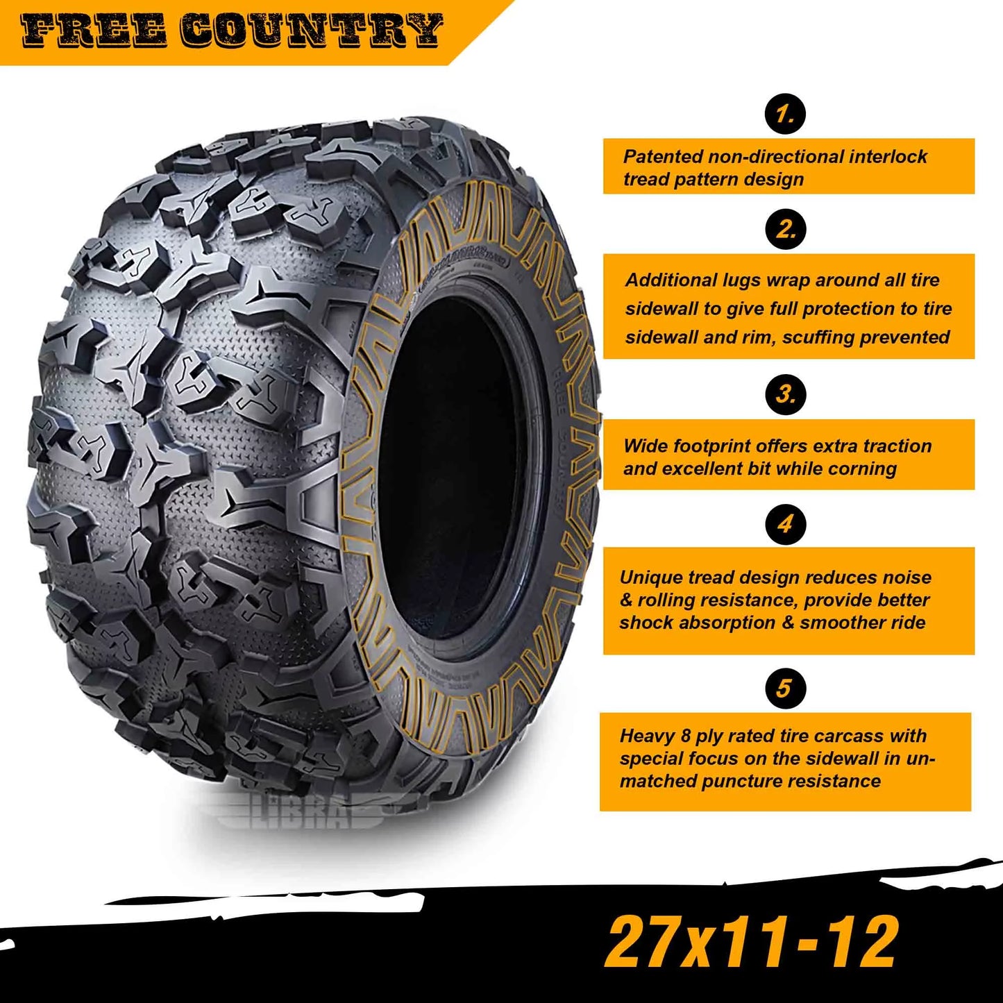 (2) Premium FREE COUNTRY 8PR ATV/UTV Tires 27x11x12 fit 16-20 Honda PIONEER 1000 Base/EPS Rear