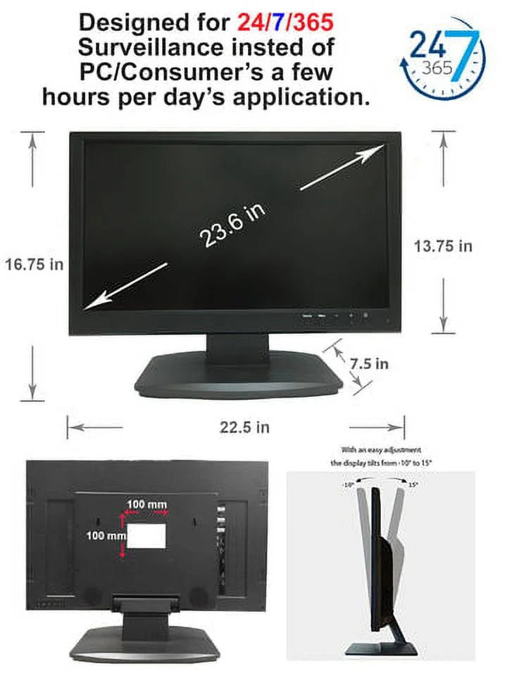 101AV 23.6" Professional LED Security Monitor Analog HD 16:9, Work with HD-TVI, AHD, CVI & CVBS 1x HDMI & 2X BNC Inputs for CCTV DVR Home Office Surveillance System