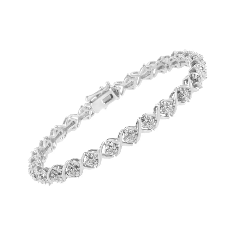 .925 Sterling Silver Round-Cut Diamond Accent Floral Cluster and "X" Link Bracelet (I-J Color, I3 Clarity) - 7.25"