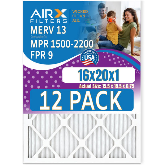 16x20x1 Air Filter MERV 13 Rating, 12 Pack of Furnace Filters Comparable to MPR 1500 - 2200 & FPR 9 - Made in USA by AIRX FILTERS WICKED CLEAN AIR.