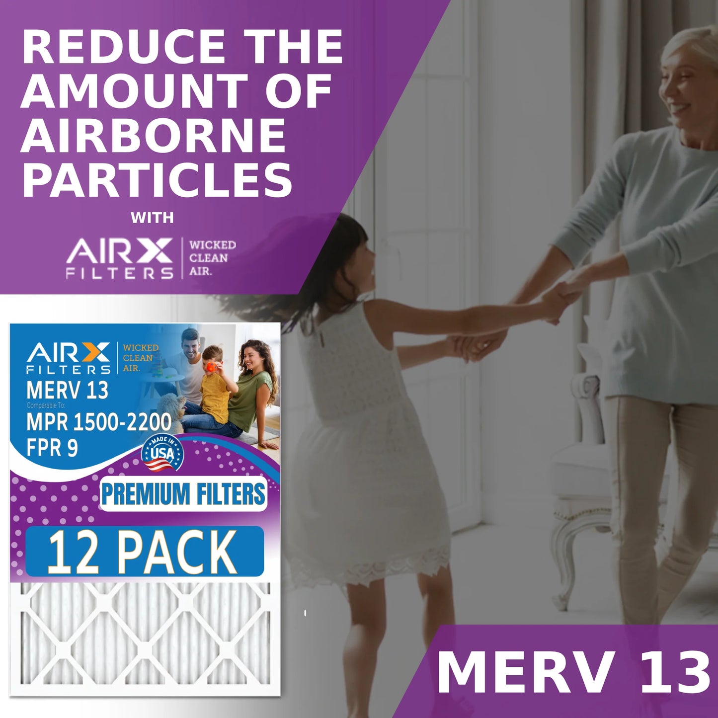 14x24x1 Air Filter MERV 13 Rating, 12 Pack of Furnace Filters Comparable to MPR 1500 - 2200 & FPR 9 - Made in USA by AIRX FILTERS WICKED CLEAN AIR.