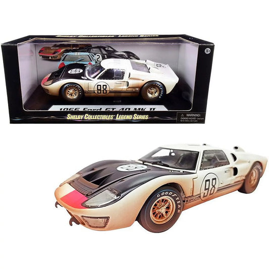 1966  GT-40 MK II #98 White with Black Hood After Race (Dirty Version) 1/18 Diecast Model Car by Shelby Collectibles