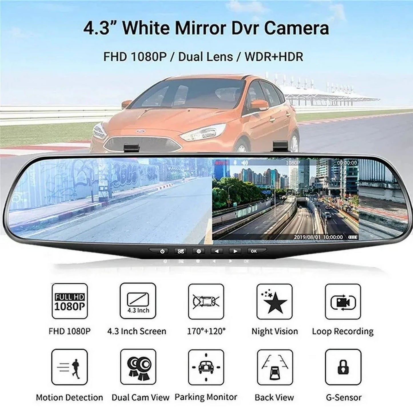 1 Pack 1080P Rearview Mirror Car Camera 4.3" Dash Cam for Cars Trucks,170°Wide Angle Dual Lens Car Cam Front Rear DVR Monitor, Night Vision,Parking Monitor,Motion Detection,G-sensor