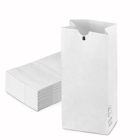 [200 Pack] 8 LB 12.44 x 6.13 x 4.13" White Paper Bags Grocery Lunch Retail Shopping Durable Barrel Sack