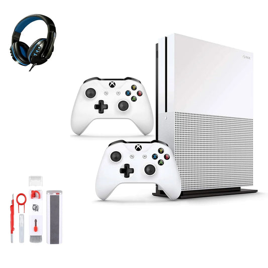 Xbox One S 500GB with 2 Controller, 4K Ultra HD White with BOLT AXTION Cleaning Kit Headset Bundle Like New