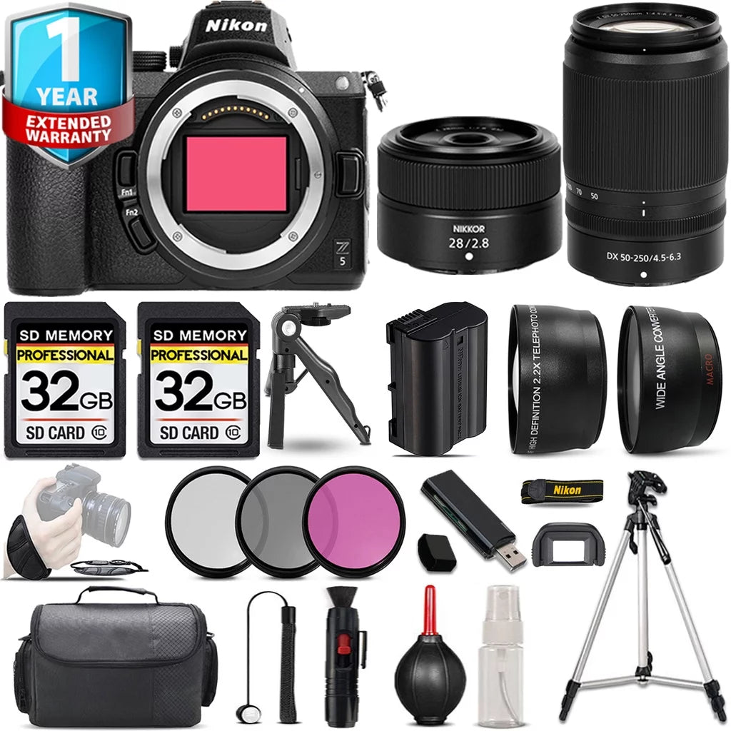 Z5 Mirrorless Camera with 50-250mm f/4.5-6.3 VR Lens + 28mm f/2.8 Lens + Handbag + 3 PC Filter Set + 64GB