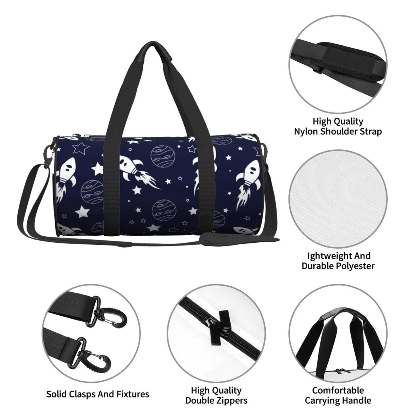 ZNDUO Space Seamless Pattern Round Travel Bag, Sports Tote Gym Shoulder Bag Weekenders Bags for Women Men