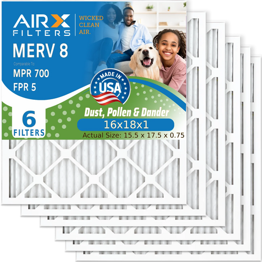 16x18x1 Air Filter MERV 8 Comparable to MPR 700 & FPR 5 Electrostatic Pleated Air Conditioner Filter 6 Pack HVAC AC Premium USA Made 16x18x1 Furnace Filters by AIRX FILTERS WICKED CLEAN AIR.