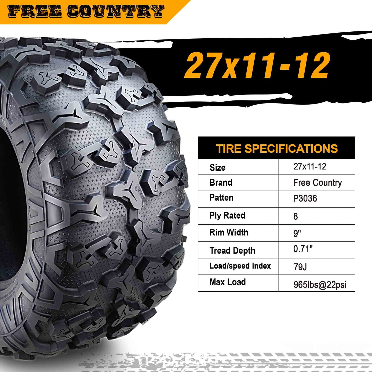 (2) Premium FREE COUNTRY 8PR ATV/UTV Tires 27x11x12 fit 16-20 Honda PIONEER 1000 Base/EPS Rear