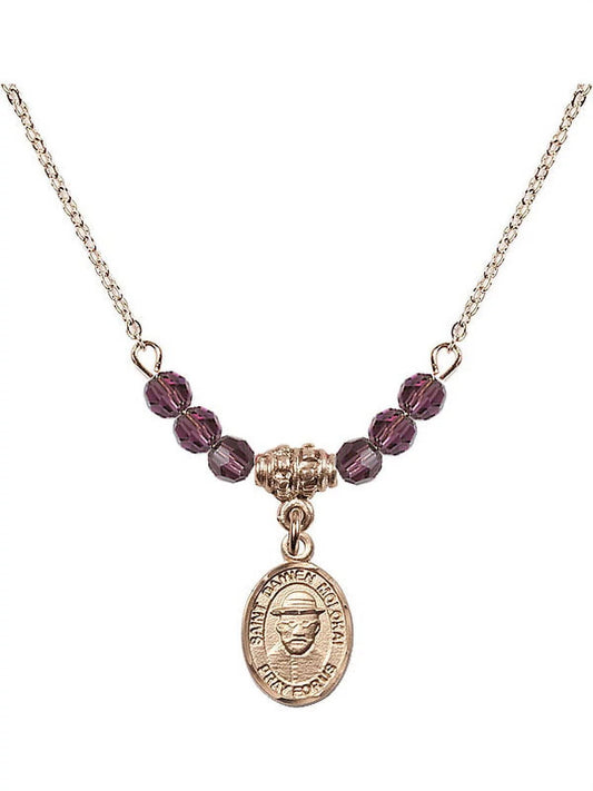 18-Inch Hamilton Gold Plated Necklace with 4mm Purple February Birth Month Stone Beads and Saint Damien of Molokai Charm