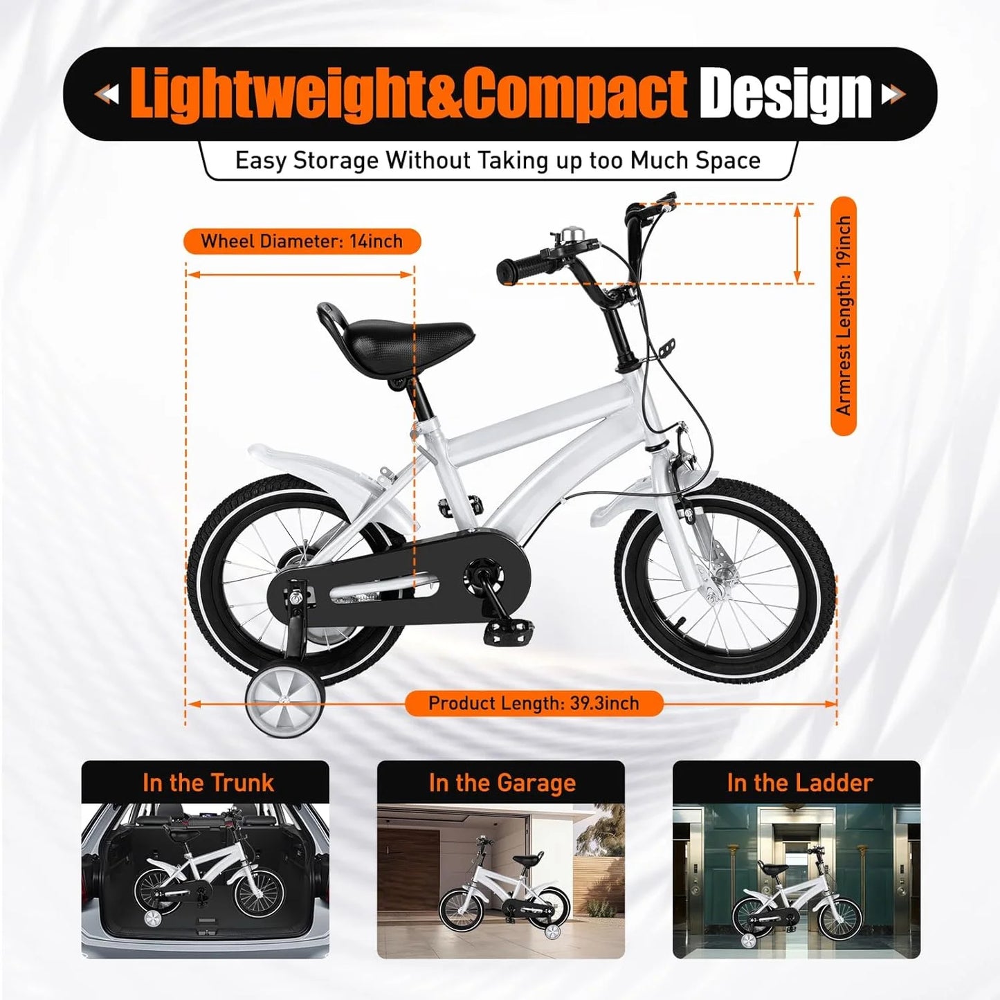 14 Inch White Kids Bike Kids Mountain Bike, Bicycle for Kids 2-4, Bicycle with Training Wheels, Adjustable Height Kids Bike for Boys/Girls, Multiple Colors