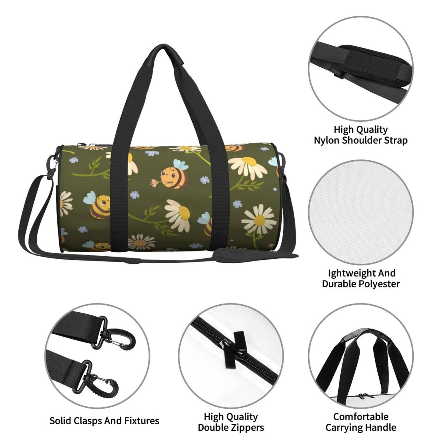 ZICANCN Green Daisies Bees Travel Duffle Bag, Sports Tote Gym Bag Weekenders Bags for Women Men