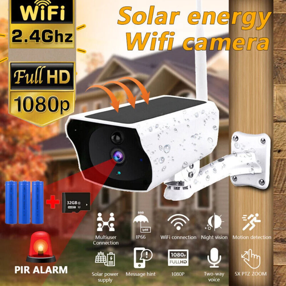 1080P Solar Powered Security Energy Camera,  Wireless WiFi Outdoor IP Cameras, Rechargeable Battery Powered, Motion Detection, Waterproof, Video Surveillance Camera