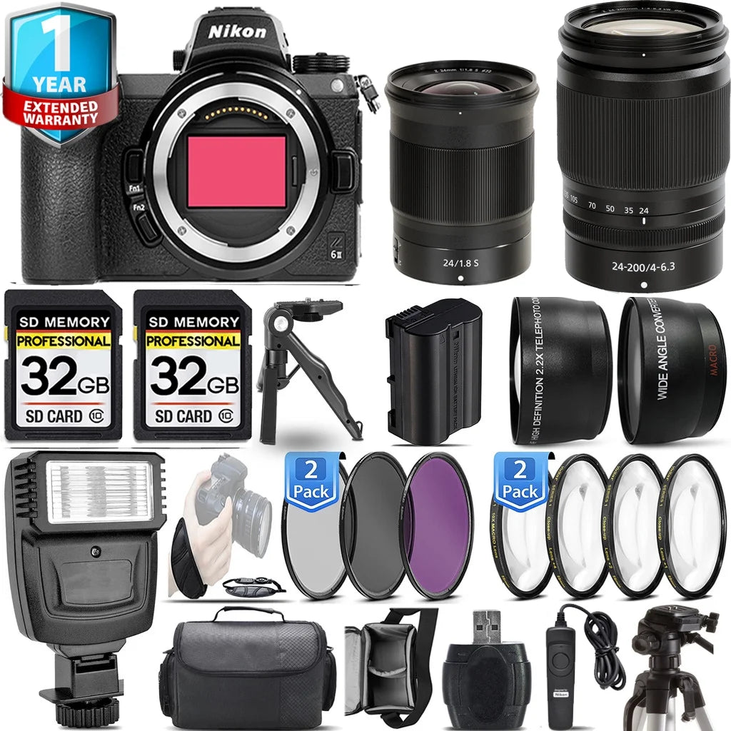 Z6 II Mirrorless Camera with 24-200mm f/4-6.3 VR Lens + 24mm f/1.8 S Lens + Flash + 64GB Kit